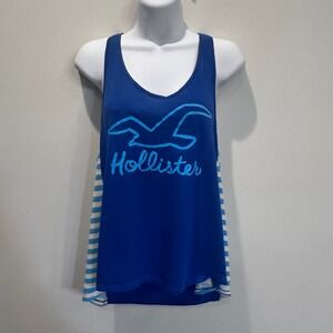 Hollister Royal Blue Racerback Tank Top Striped Sides Graphic Print Women's L